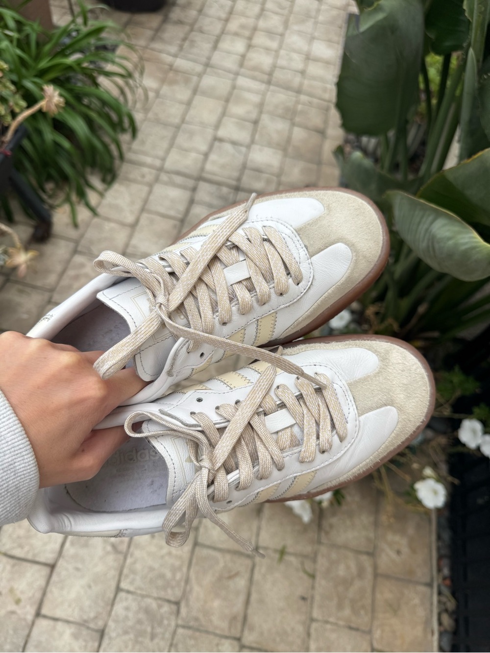 Adidas Sambae Platform Sneaker with White Upper and Cream Stripes, Gum Sole - Picture 2 of 6